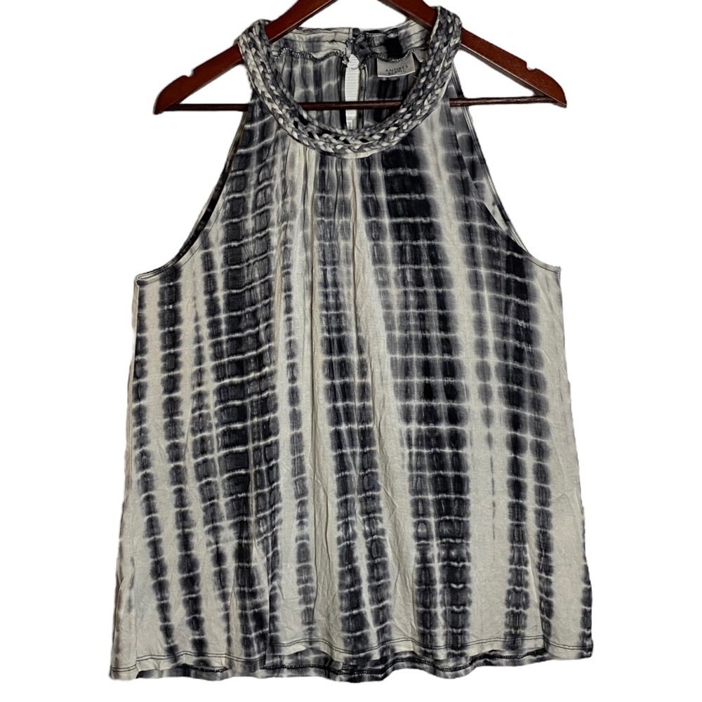 Antibes Blanc High Neck Tie Dye Black White Flowy Top Braided Collar Rayon XL
